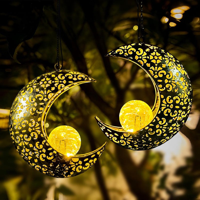 CF Solar Garden Hanging Moon Lights Outdoor Decor,2 Pack Metal Lanterns Art Decorations for Outside Yard Lawn Patio Wall Fences Driveway Trail,Unique Housewarming Gardening Gifts for Women Mom - Image 2
